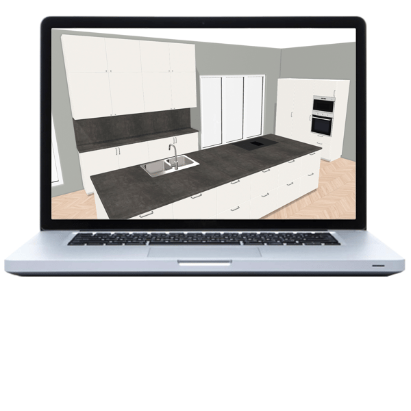 Laptop a képernyőn az IKEA konyhatervezővel.
