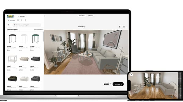 Laptop with the IKEA Kreativ tool open and a mobile phone
