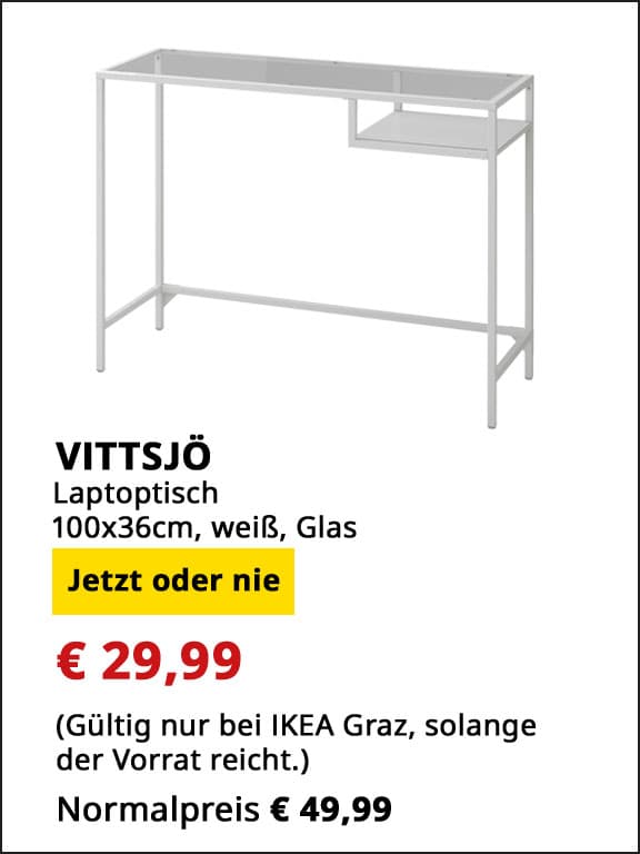 Laptoptisch VITTSJÖ, 100x36cm, weiß, statt € 49,99 um € 29,99.