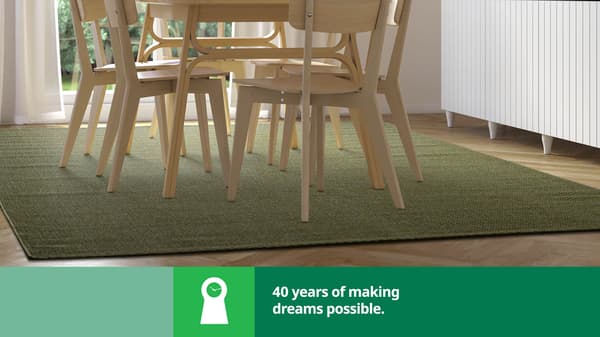 Large green floor rug in a dining room with a natural dining table and chairs on top of it