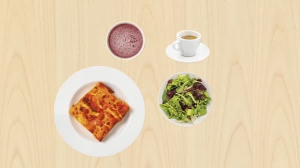 Lasagna alla bolognese, insalatina mista, bibita alla spina e caffè.