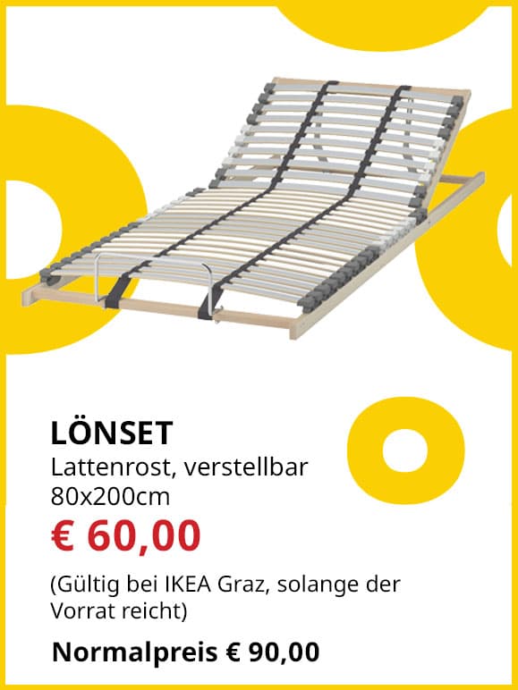 Lattenrost Lönset, verstellbar, 80x200cm, statt € 90 um € 60.