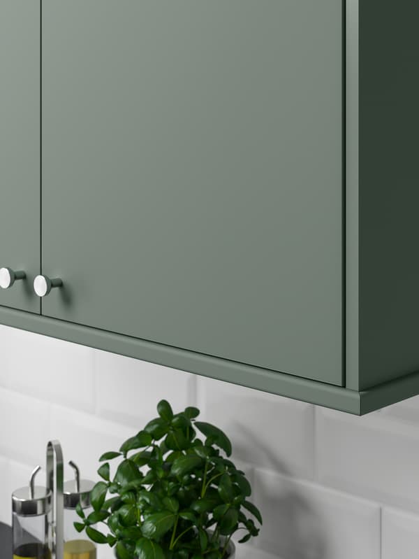 Le coin inférieur d’une armoire de cuisine avec des portes BODARP au fini gris-vert. Une plante verte est posée sur le comptoir sous l’armoire.