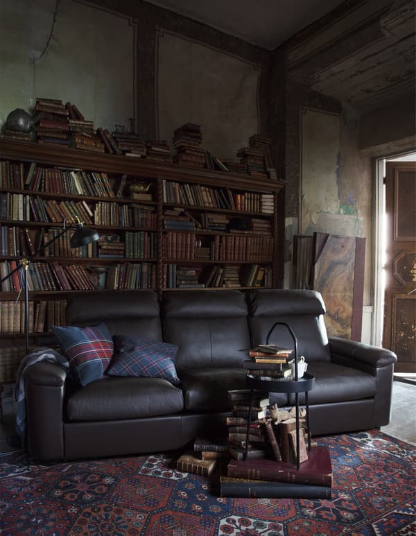 Leather sofa in a library.