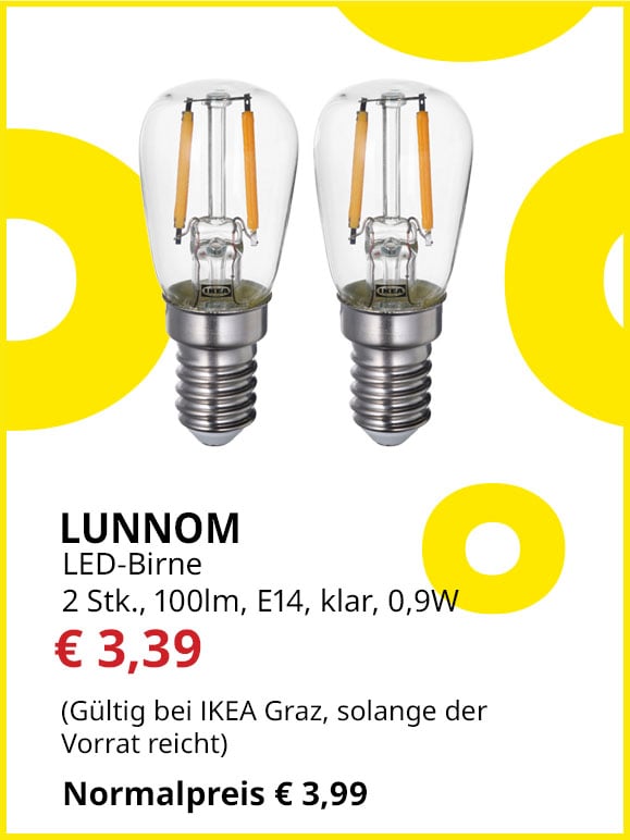 LED-Birne Lunnom, 2 Stück, E14, 100lm, klar, statt € 3,99 um € 3,39.