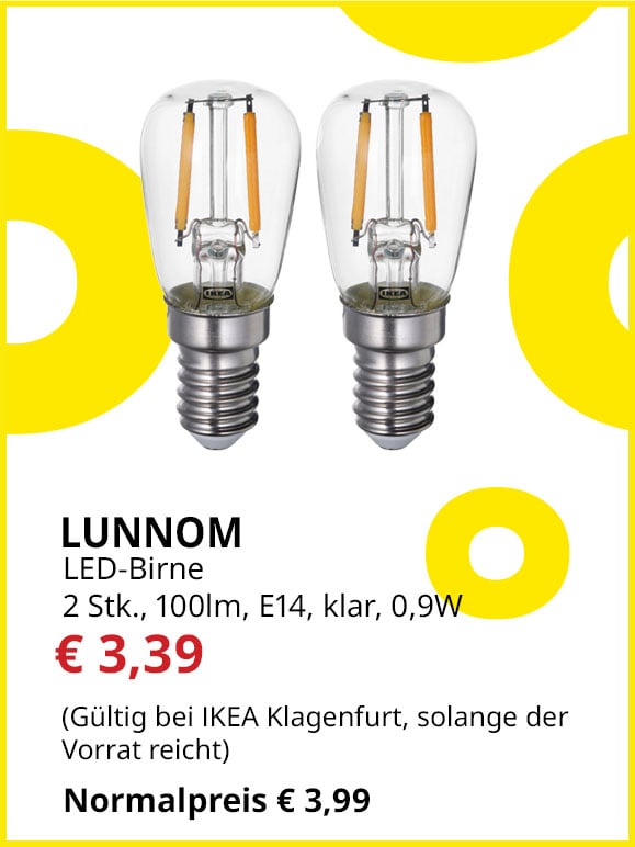 LED-Birne Lunnom, 2 Stück, E14, 100lm, klar, statt € 3,99 um € 3,39.
