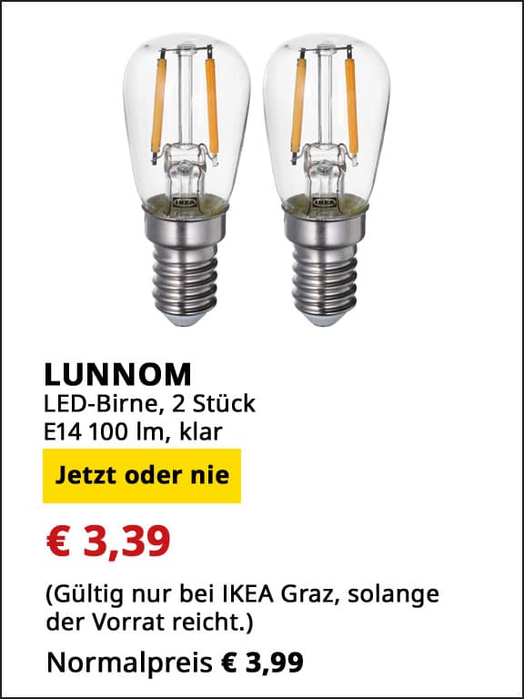 LED Leuchtmittel Lunnom, 2 Stück, E14, 100 Lumen, klar, statt € 3,99 um € 3,39.