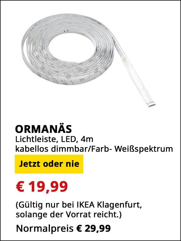 LED Lichtleiste ORMANÄS, 4m, kabellosdimmbar, FArb und Weißspektrum, statt € 29,99 um € 19,99.