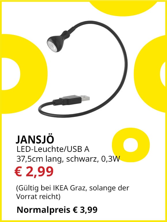 LED USB Leuchte Jansjö, mit flexiblem Schwanenhals,  USB A Anschluss, 37,5cm lang, schwarz, statt € 3,99 um €2,99.