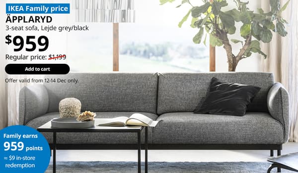 Lejde grey/black ÄPPLARYD 3-seat sofa in Singapore living room. $959, IKEA Family price. Offer valid from 12-14 Dec 2025. IKEA 12.12 SALE. $319.66 for 3 months, 0% with Atome