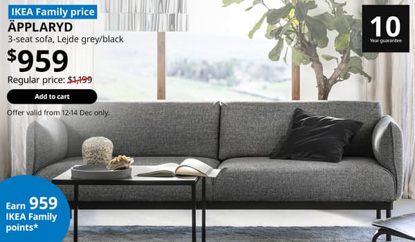 Lejde grey/black ÄPPLARYD 3-seat sofa in Singapore living room. $959, IKEA Family price. Offer valid from 12-14 Dec 2025. IKEA 12.12 SALE. $319.66 for 3 months, 0% with Atome