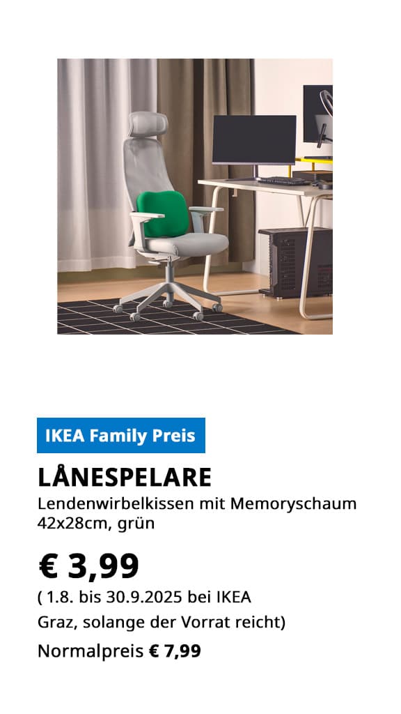 Lendenwirbelkissen mit Memoryschaum Lanespelare, grün, statt € 7,99 zum IKEA Family Preis von € 3,99.