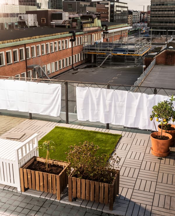 Les premiers éléments du jardin sur le toit sont mis en place : pare-vents, herbe, caillebotis et jardinières.
