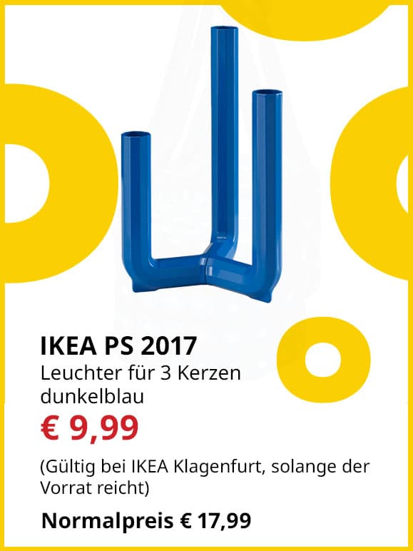 Leuchter für 3 Kerzen IKEA PS 20217, blau, statt € 17,99 um € 9,99.
