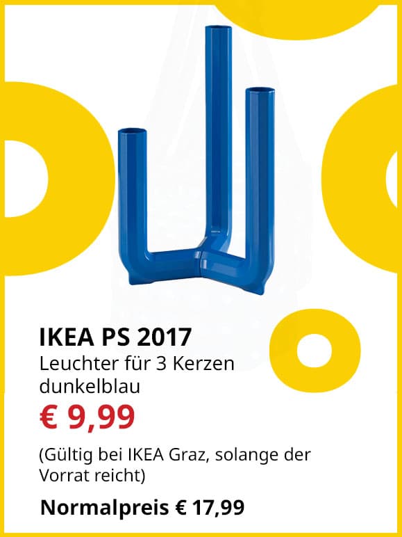 Leuchter für 3 Kerzen IKEA PS 20217, blau, statt € 17,99 um € 9,99.