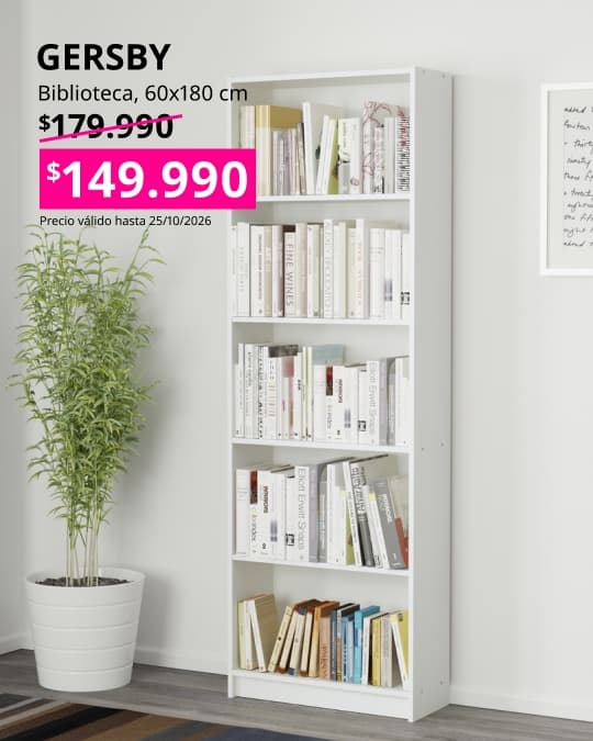 Librería GERSBY blanca de 60x180 cm con diseño vertical para organizar libros y objetos decorativos.