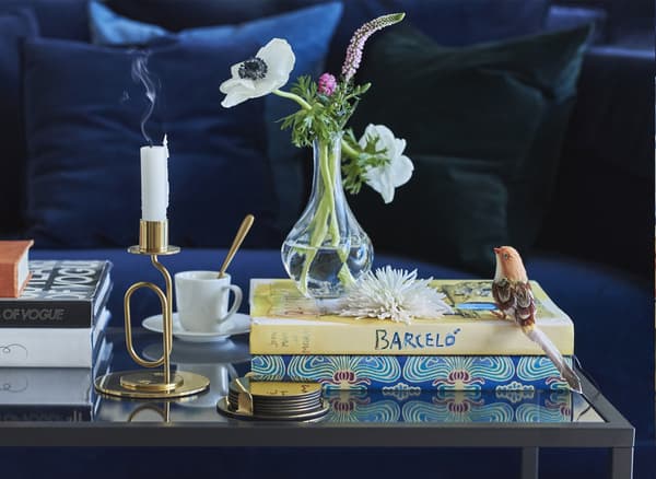 Libri e oggetti decorativi su un tavolino di fronte a un divano blu con cuscini blu - IKEA