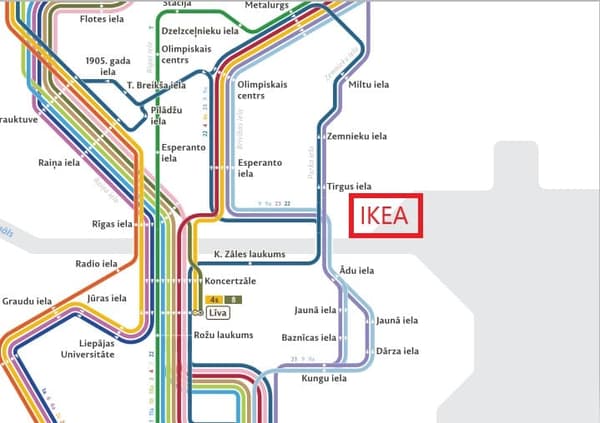 Liepājas sabiedriskā transporta karte, kurā attēlotas tramvaju un autobusu līnijas ar iezīmētu sarkanu lodziņu, kas norāda IKEA atrašanās vietu netālu no pieturas 