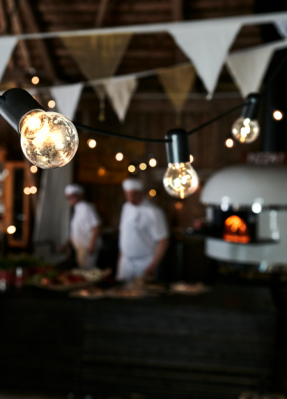 Lights hanging overhead at the restaurant