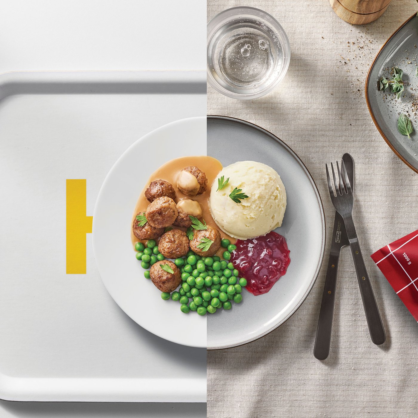 Lihapulla-annos jaetulla lautasella. Puolet IKEA-ravintolan lautasella ja puolet kotona valmistettuna.