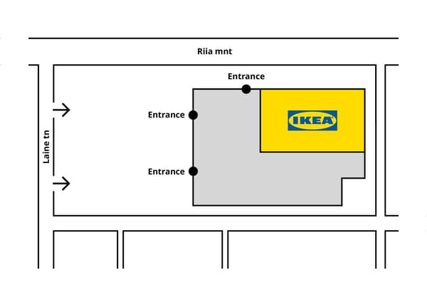 Lihtne asukohakaart, mis näitab IKEA kauplust Valguse tänava lähedal, selgelt märgistatud sisse‑ ja väljapääsude ning tellimuste väljastusala asukohaga.