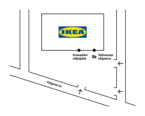 Lihtne asukohakaart, mis näitab IKEA kauplust Valguse tänava lähedal, selgelt märgistatud sisse‑ ja väljapääsude ning tellimuste väljastusala asukohaga.
