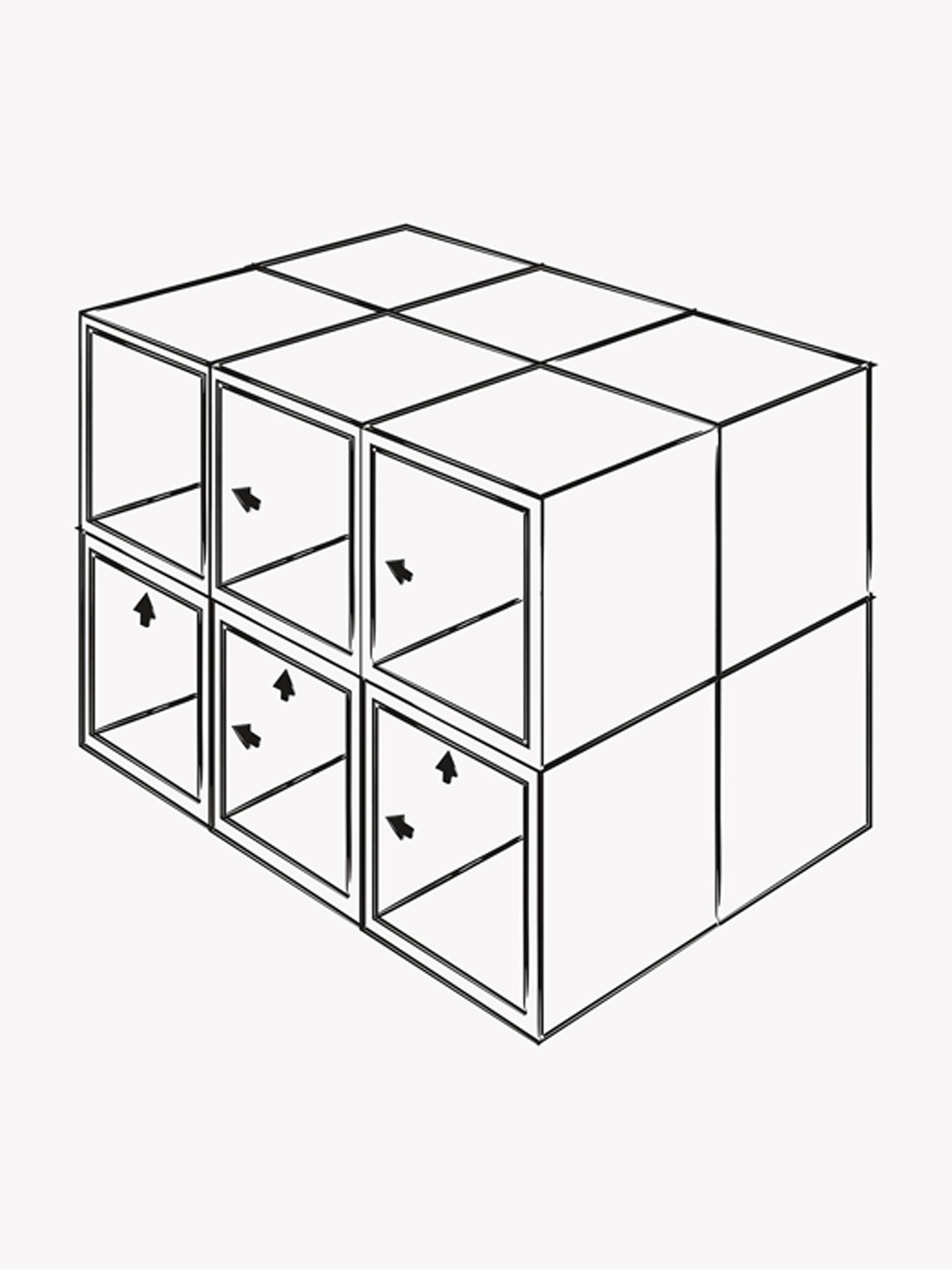 L’illustration de 12 caissons IKEA METOD sur 2 rangées de 3 de chaque côté. Les flèches indiquent comment les rassembler.