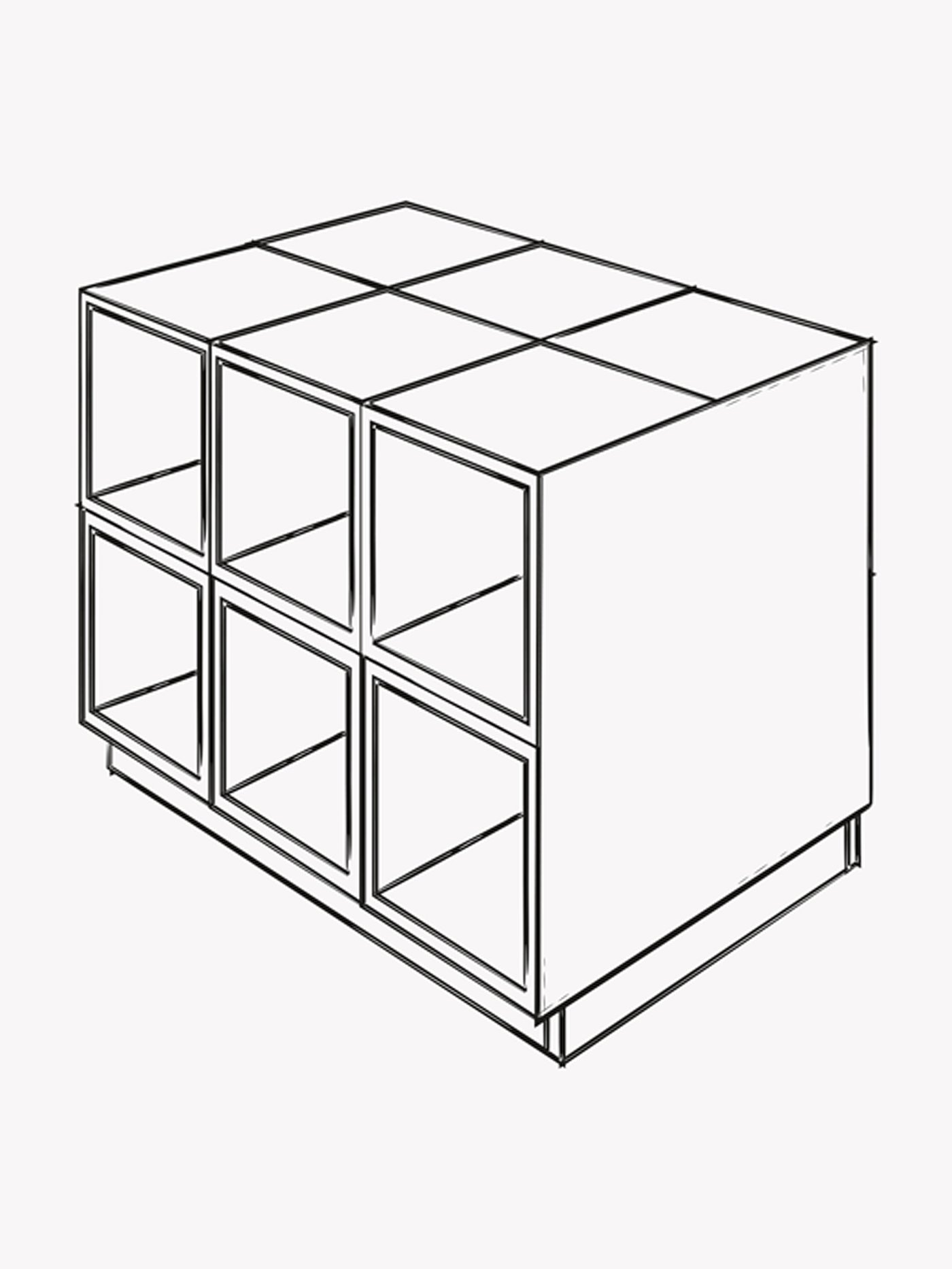L’illustration noir et blanc de caissons formant un îlot avec un panneau de finition de 80 cm x 80 cm sur le côté.