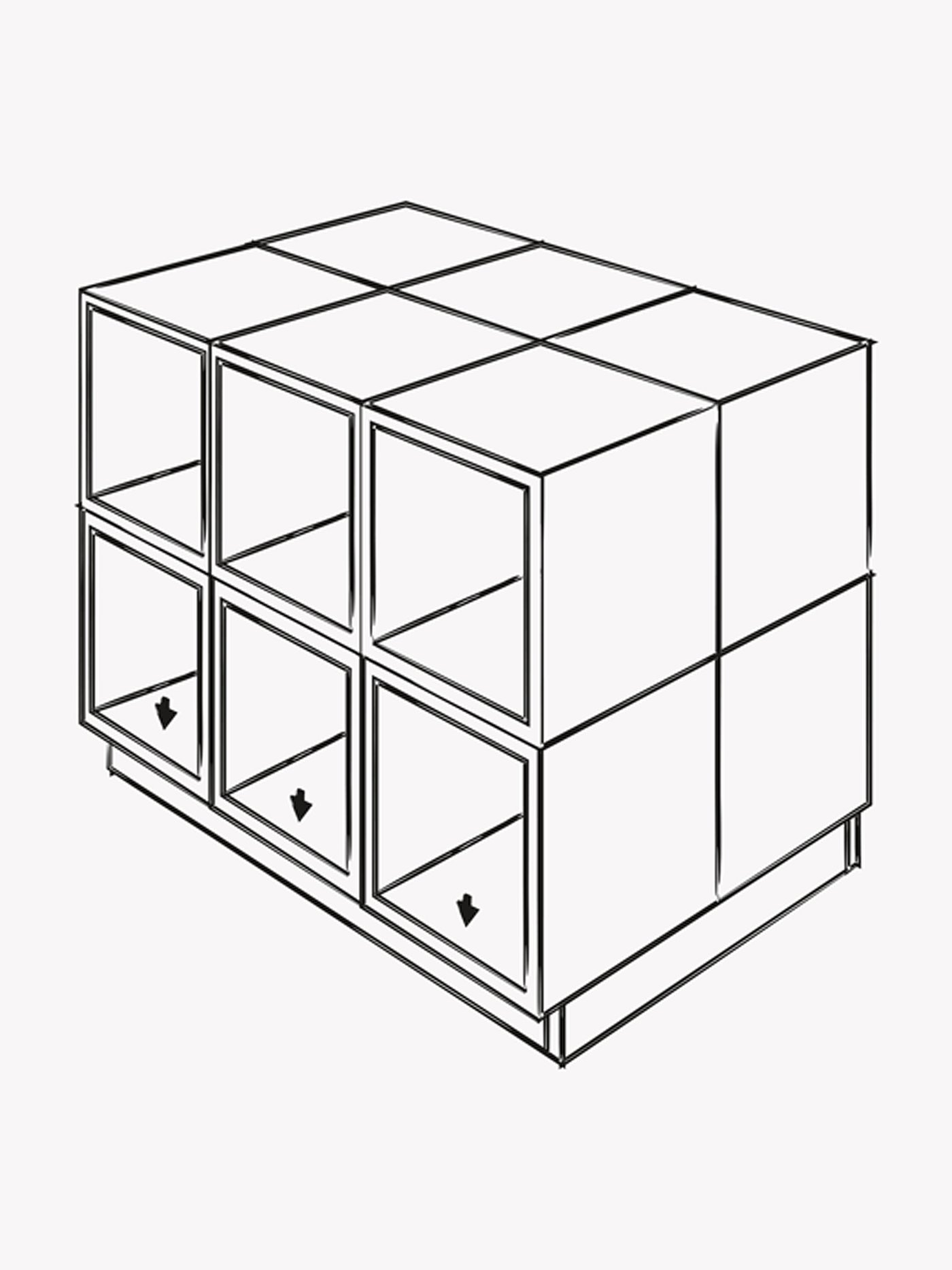 L’illustration noir et blanc de caissons rassemblés pour former un îlot de cuisine sur un socle.