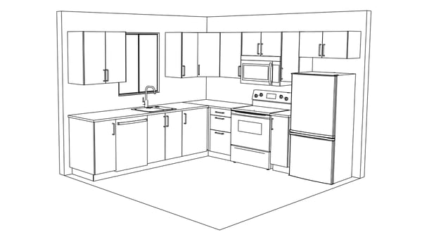 Line drawing of a U-shaped kitchen with cabinets, sink, stove, microwave, fridge, and window above the sink.