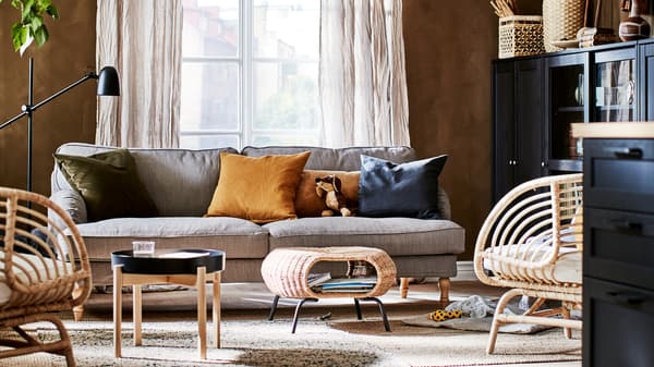 Link to 'How to: create a living room to love' - image of a living room in earthy colours.