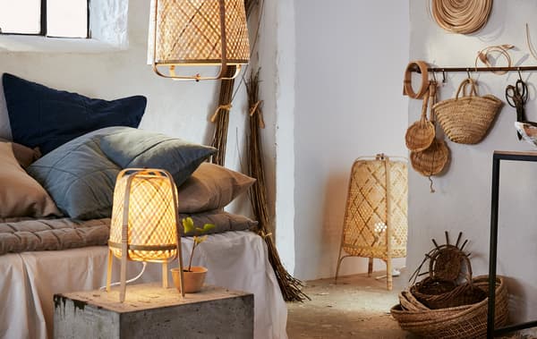 Link to IDEA 'What will IKEA furniture be made of in 2030?' - image of white room with KNIXHULT lamps