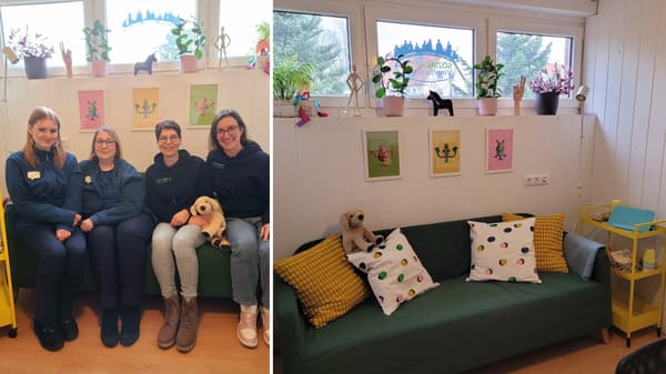 Links im Bild sitzen vier Frauen in blauen Jacken auf einem grünen Sofa in einem freundlich eingerichteten Raum mit bunten Wandbildern und Pflanzen. Rechts im Bild ist dasselbe Sofa mit dekorativen Kissen, einem Stoffhund und einem kleinen gelben Beistellwagen zu sehen