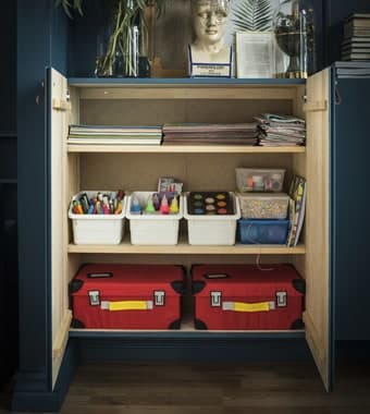 L'interno di un mobile organizzato su più ripiani usati per tenere in ordine i materiali artistici dei bambini.