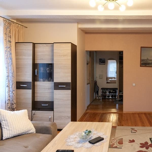 Living room interior with cabinet, sofa and hallway view