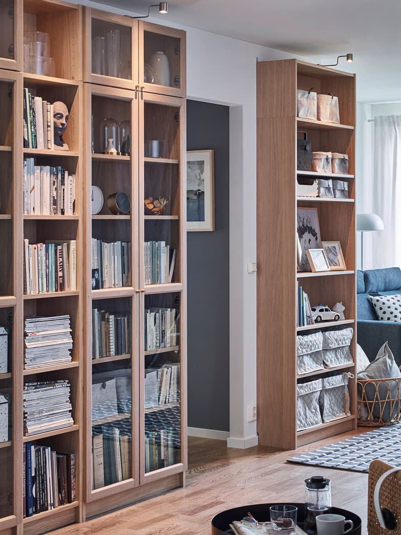 Living room with BILLY shleving units.