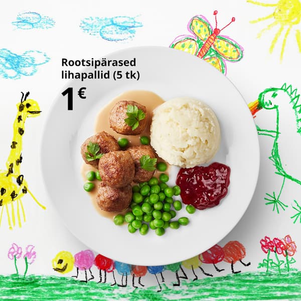 Lõbusalt värvilisel lapse joonistatud pildil on valge taldrik IKEA laste lihapallipraega: viis lihapalli, katrulipuder, herned ja pohlamoos. Pildil o tekst: Rootsi lihapallid (5 tk) 1 euro.