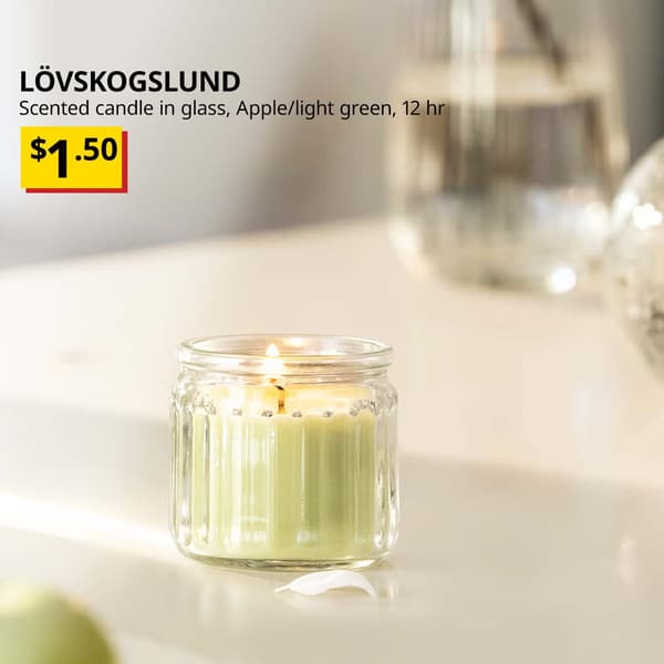 LÖVSKOGSLUND, Scented candle in glass, Apple/light green, 12 hr. $1.50