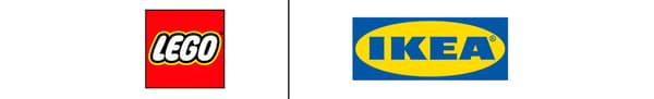 Loga značek LEGO a IKEA jsou umístěná vedle sebe, oddělená černou čárou.