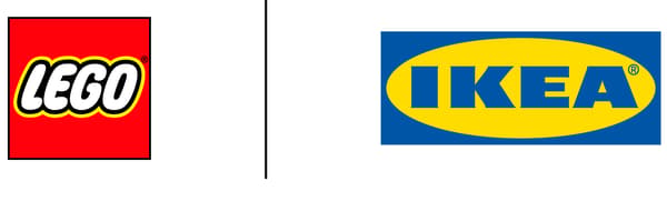 Logo LEGO a logo IKEA sú zobrazené vedľa seba a oddelené čiernou čiarou.