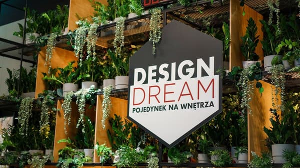 Logo programu "Design Dream" wiszące na ścianie stworzonej z półek, na której stoją zielone rośliny.