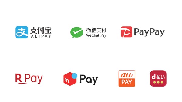 Logos of code payment brands including Alipay, WeChat Pay, PayPay, Rakuten Pay, Merpay, au PAY, and d払い