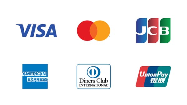 Logos of credit card brands including Visa, Mastercard, JCB, American Express, Diners Club, and UnionPay