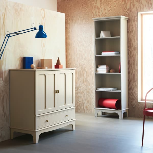 LOMMARP cabinet and bookcase in beige with crafted details for traditional-looking storage for an elegant look.