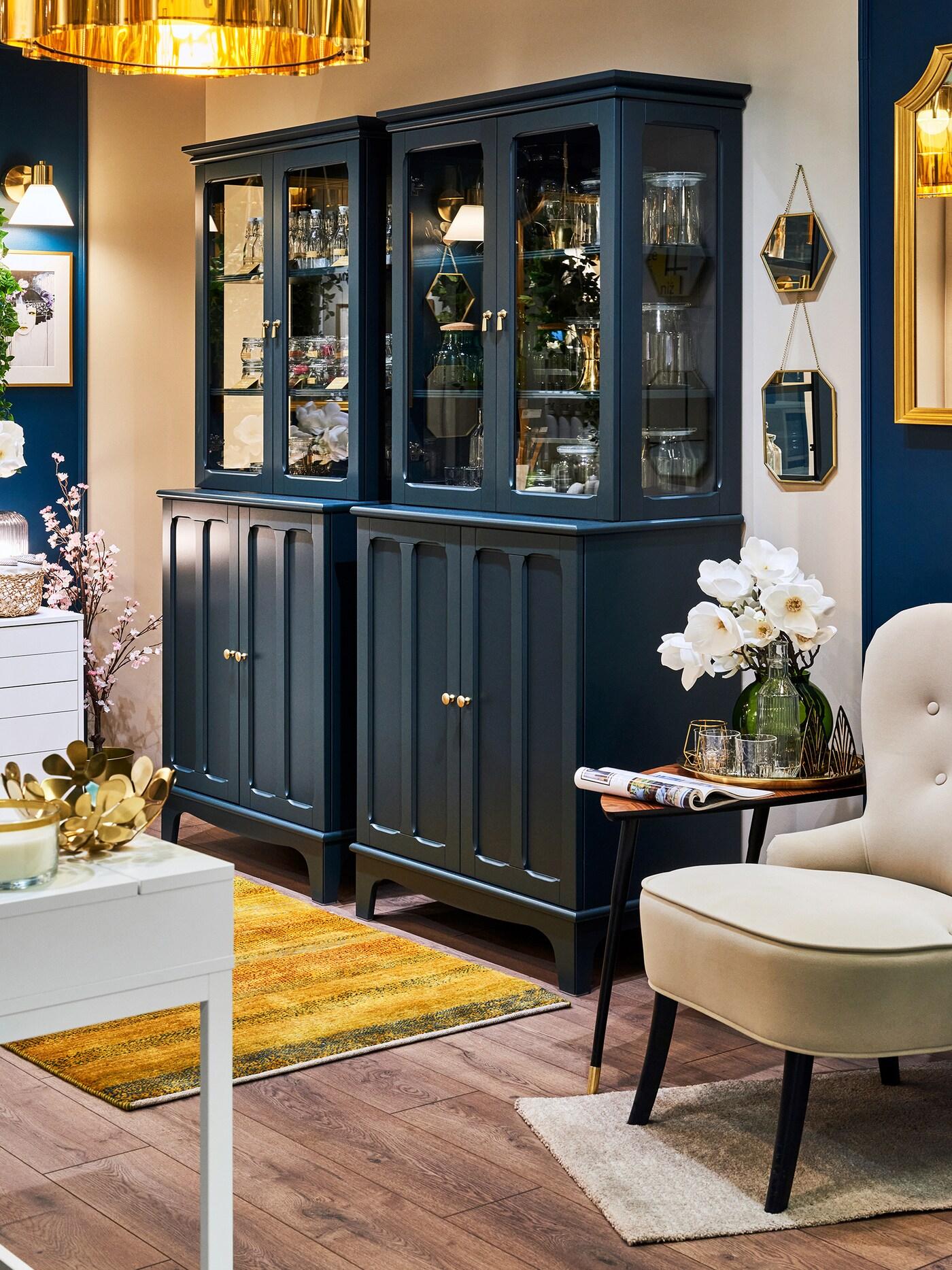 LOMMARP Szafka z drzwiami szklanymi, ciemnoniebieski-zielony86x199 cm