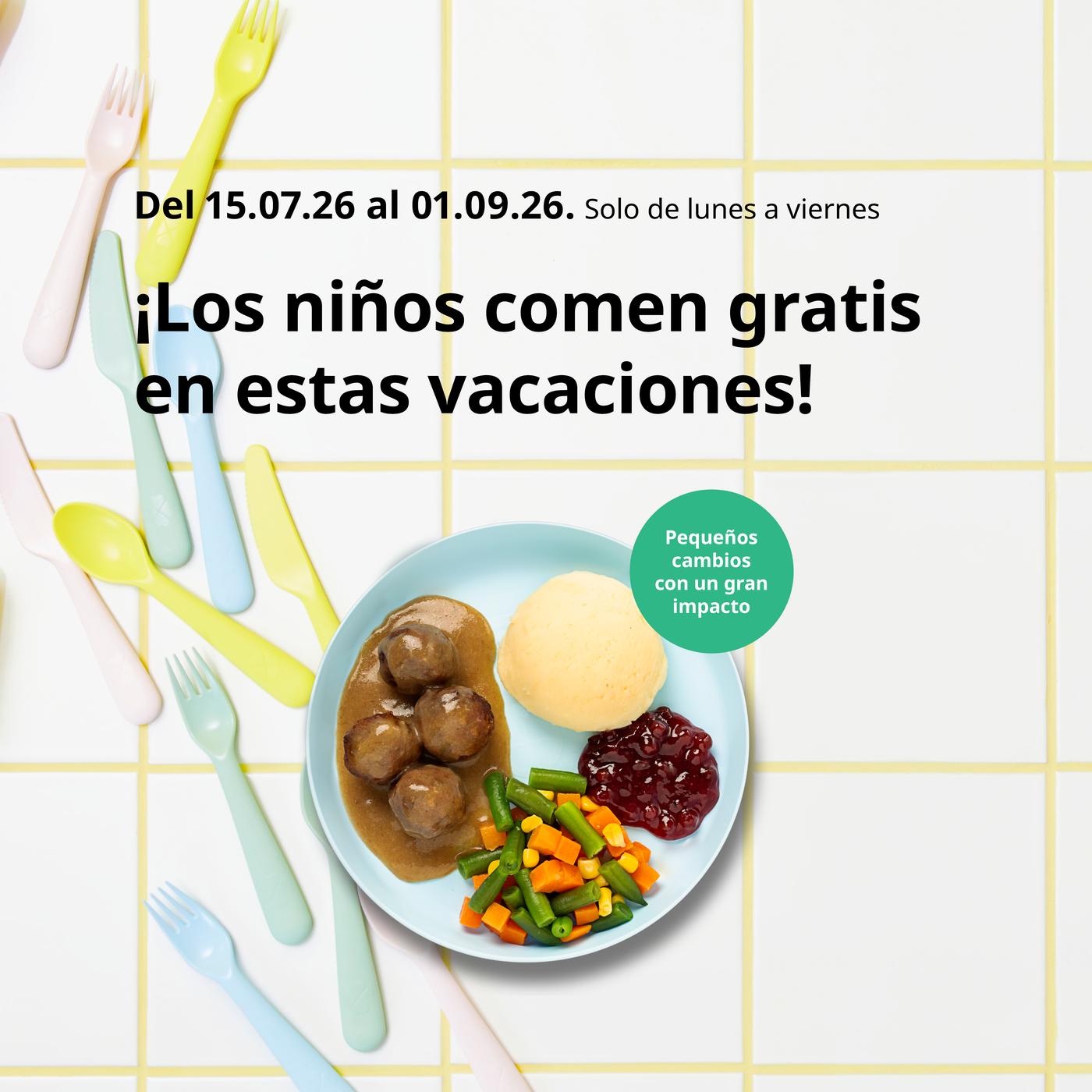Los niños comen gratis el último viernes de cada mes. Platillos suecos, con albóndigas, puré de papa, mermelada, mix de verduras, papas, y nuggets.