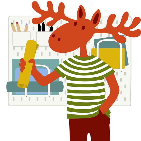 Losík stojí pred dierkovanou nástenkou SKÅDIS.