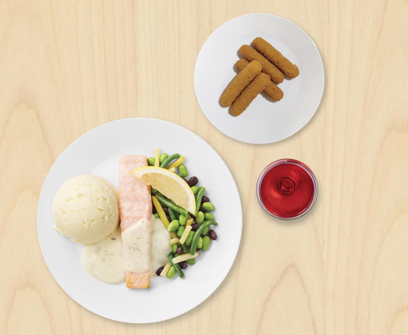 Losos s přílohou + nápoj + 5x mozzarella tyčinky