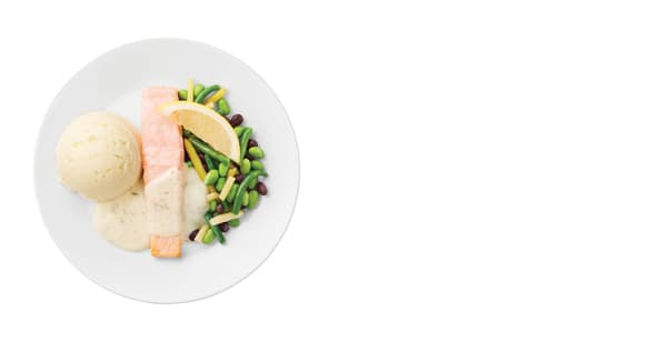 Lososový filet, fazolový mix, citrónovo-koprová omáčka, bramborová kaše