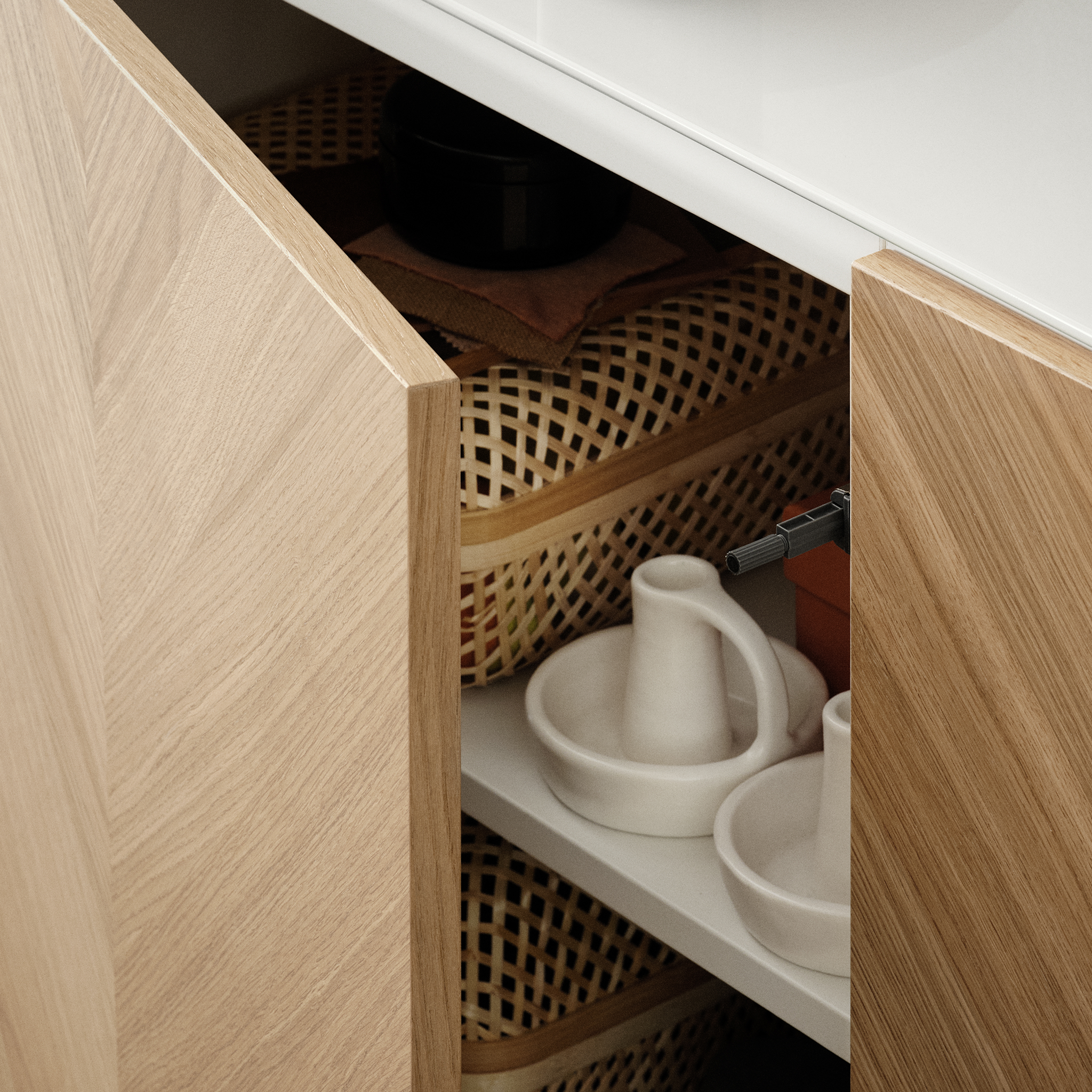 Low BESTÅ storage unit with ash‑veneer drawers